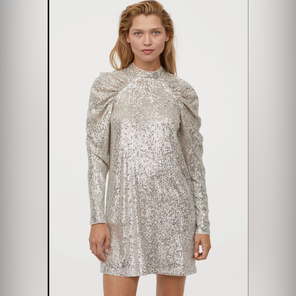 New H&M sequin champagne midi dress long sleeve